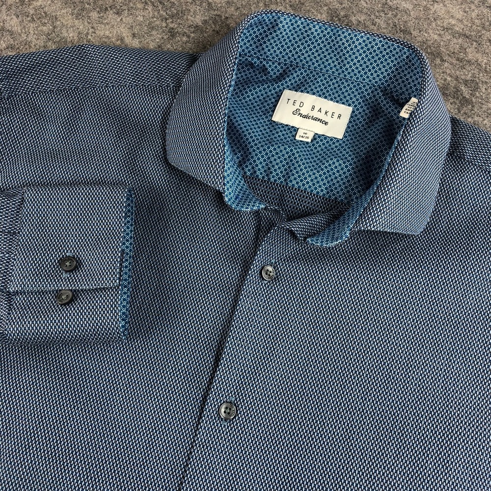 Ted Baker Men Button Up Shirt 16 Neck Blue Endurance Long Sleeve Geometric Print